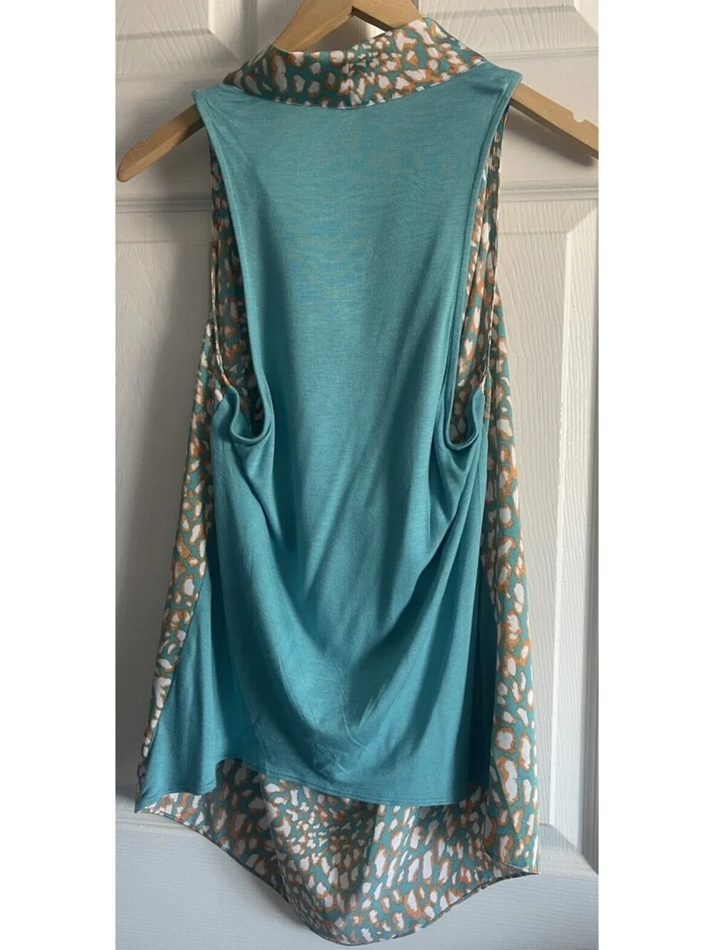MICHAEL KORS Sleeveless Top Tunic L Teal Orange Satin Drape Cowl Pullover NEW